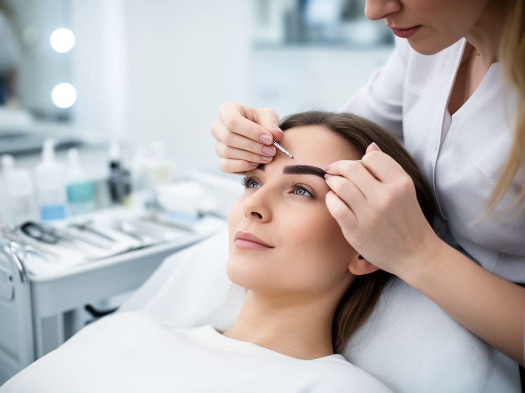 Mitarbeiterin formt präzise Augenbrauen in einem hellen Zürcher Salon mit sauberem Arbeitsplatz