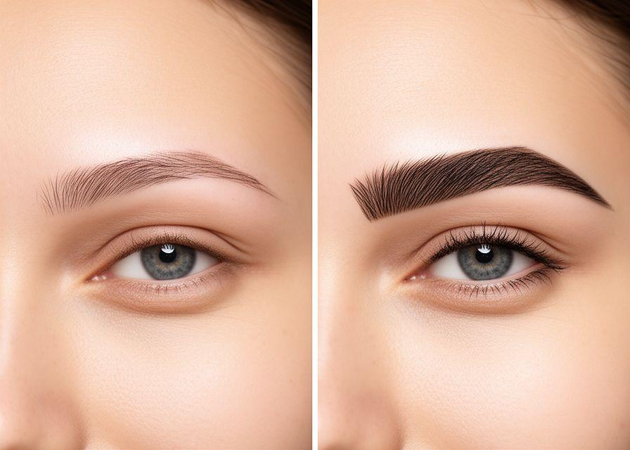 Vorher-Nachher-Vergleich von Microblading-Augenbrauen mit natürlicher Härchenzeichnung in hellem Studio-Licht